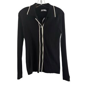 MNG MANGO Black Ribbed Button-Up Cardigan with Cream Trim $48
